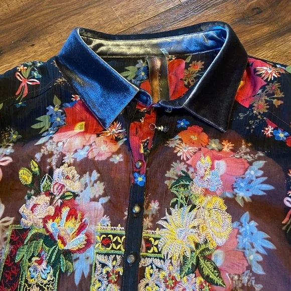 Aratta Silent Journey Women's M Floral Multi Color Trim Velvet Bohemian Top
